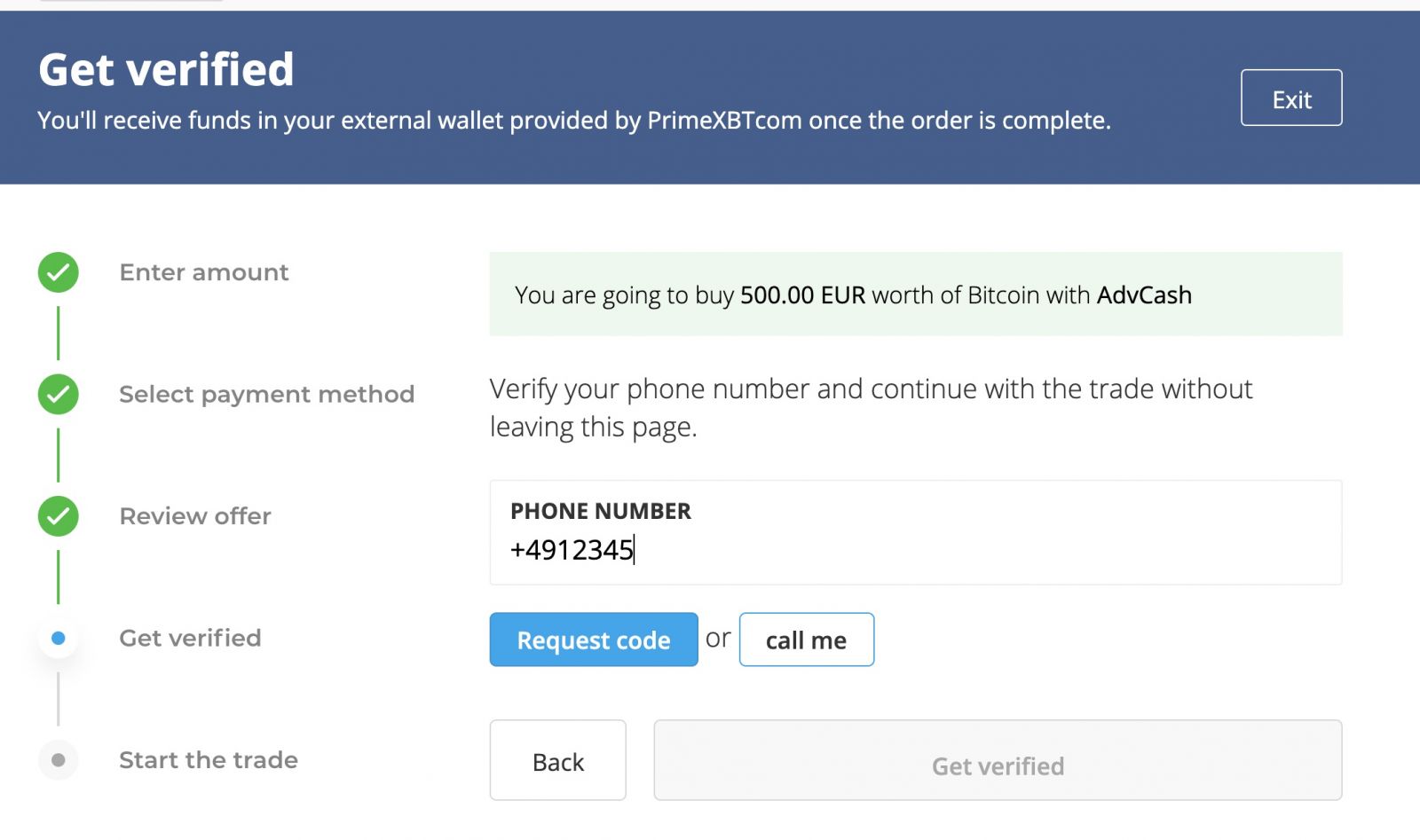 Review the details of your offer in PrimeXBT