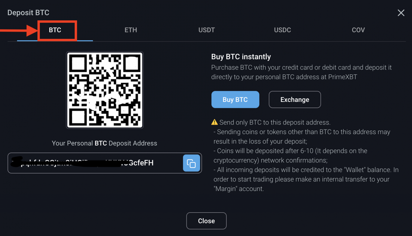 Take BTC as an example in Primexbt: